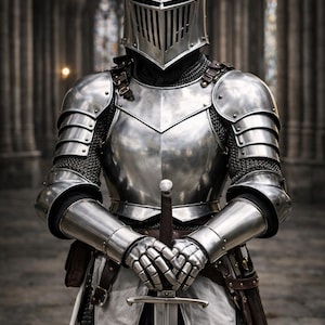 May include: A full suit of polished steel armor, including a helmet with a visor, shoulder guards, and articulated arm and leg protection. The knight holds a sword with both hands, and a leather sheath is visible.