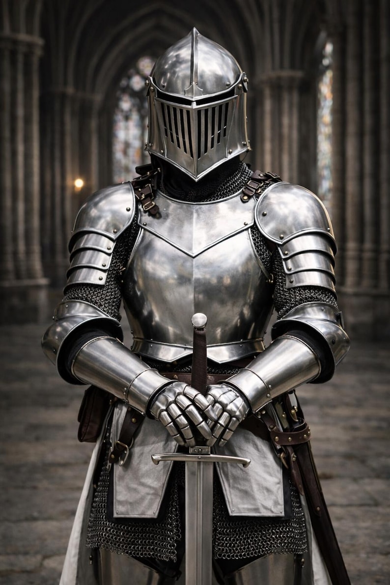 May include: A full suit of polished steel armor, including a helmet with a visor, shoulder guards, and articulated arm and leg protection. The knight holds a sword with both hands, and a leather sheath is visible.