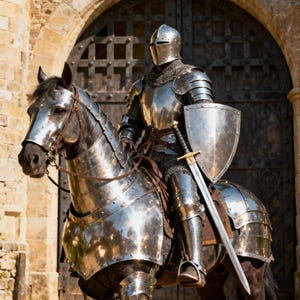 May include: A knight in full silver armor, including a helmet, rides a dark horse. The knight holds a sword and shield. The background features a stone archway and a large wooden gate, creating a medieval theme.