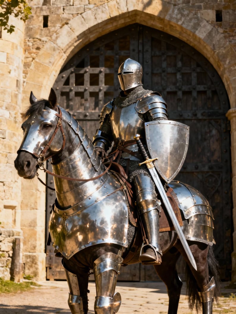 May include: A knight in full silver armor, including a helmet, rides a dark horse. The knight holds a sword and shield. The background features a stone archway and a large wooden gate, creating a medieval theme.