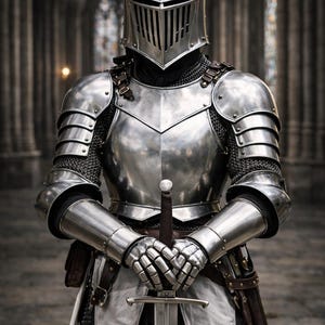 May include: A full suit of polished steel armor, including a helmet with a visor, shoulder plates, and chainmail. The knight holds a sword with both hands. The armor is highly reflective, and the background is a dim, stone interior.