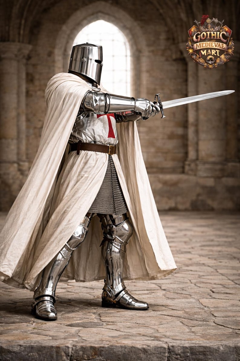May include: A knight in full silver armor, holding a sword, with a white cape and a red cross on the chest. The image includes the "Gothic Medieval Mart" logo. The knight is standing in a stone building with a large arched window.
