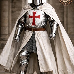 May include: A full suit of medieval knight armor, including a helmet, chest plate with a red cross, and leg and arm protection. The knight wears a white cape and a brown belt. The image is set in a stone archway.