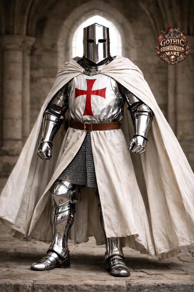 May include: A full suit of medieval knight armor, including a helmet, chest plate with a red cross, and leg and arm protection. The knight wears a white cape and a brown belt. The image is set in a stone archway.
