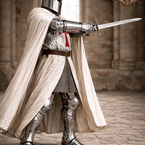 May include: A knight in full plate armor, holding a sword. The armor is silver with a red cross on the chest. A white cape drapes over the shoulders. The image includes the "Gothic Medieval Mart" logo.