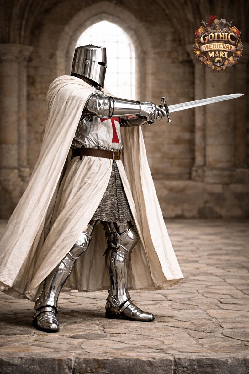 May include: A knight in full plate armor, holding a sword. The armor is silver with a red cross on the chest. A white cape drapes over the shoulders. The image includes the "Gothic Medieval Mart" logo.