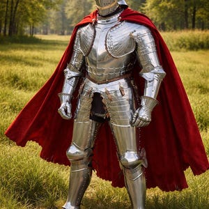 May include: A full suit of polished steel armor, including a helmet, chest plate, and leg guards, with a flowing red cape. The knight stands in a grassy field with trees in the background, showcasing medieval craftsmanship.