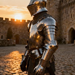 May include: A full suit of polished steel armor, including a helmet, chest plate, and arm and leg protection. The armor is worn by a person standing in front of a stone castle at sunset. The armor reflects the warm light of the setting sun.