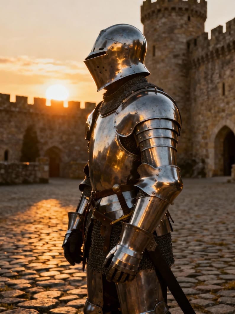 May include: A full suit of polished steel armor, including a helmet, chest plate, and arm and leg protection. The armor is worn by a person standing in front of a stone castle at sunset. The armor reflects the warm light of the setting sun.