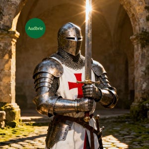 May include: A knight in full armor, holding a long sword with both hands. The knight's helmet and armor are silver, and the tunic is white with a red cross. The background features an arched stone structure and sunlight.