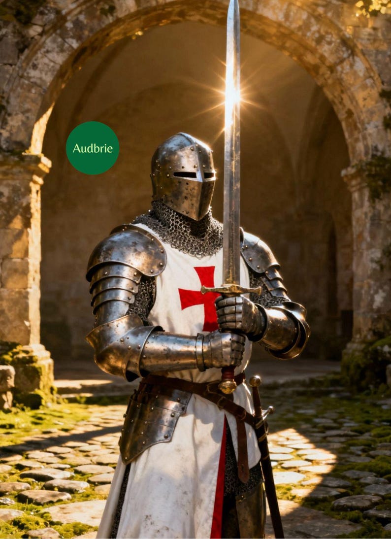 May include: A knight in full armor, holding a long sword with both hands. The knight's helmet and armor are silver, and the tunic is white with a red cross. The background features an arched stone structure and sunlight.