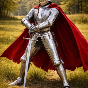 May include: A full suit of polished steel armor with a red cape. The knight is standing in a grassy field, holding a long sword. The helmet has a visor, and the armor covers the entire body. The background features trees and a bright sky.