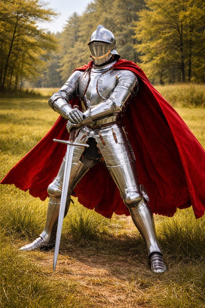 May include: A full suit of polished steel armor with a red cape. The knight is standing in a grassy field, holding a long sword. The helmet has a visor, and the armor covers the entire body. The background features trees and a bright sky.