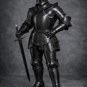 May include: Full suit of black medieval armor, including a helmet, chest plate, and leg guards. The armor is highly detailed and appears to be made of metal. A long sword is held in the right hand. The Medieval Store logo is in the top right corner.