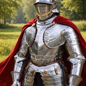 May include: A full suit of polished steel armor with a red cape. The armor includes a helmet with a visor, chest and shoulder plates, arm and leg protection, and gauntlets. The background is a grassy field with trees.