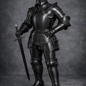 May include: Full suit of black medieval armor, including a helmet, chest plate, and leg guards. The armor is highly detailed and appears to be made of metal. A long sword is held in the right hand. The Medieval Store logo is in the top right corner.