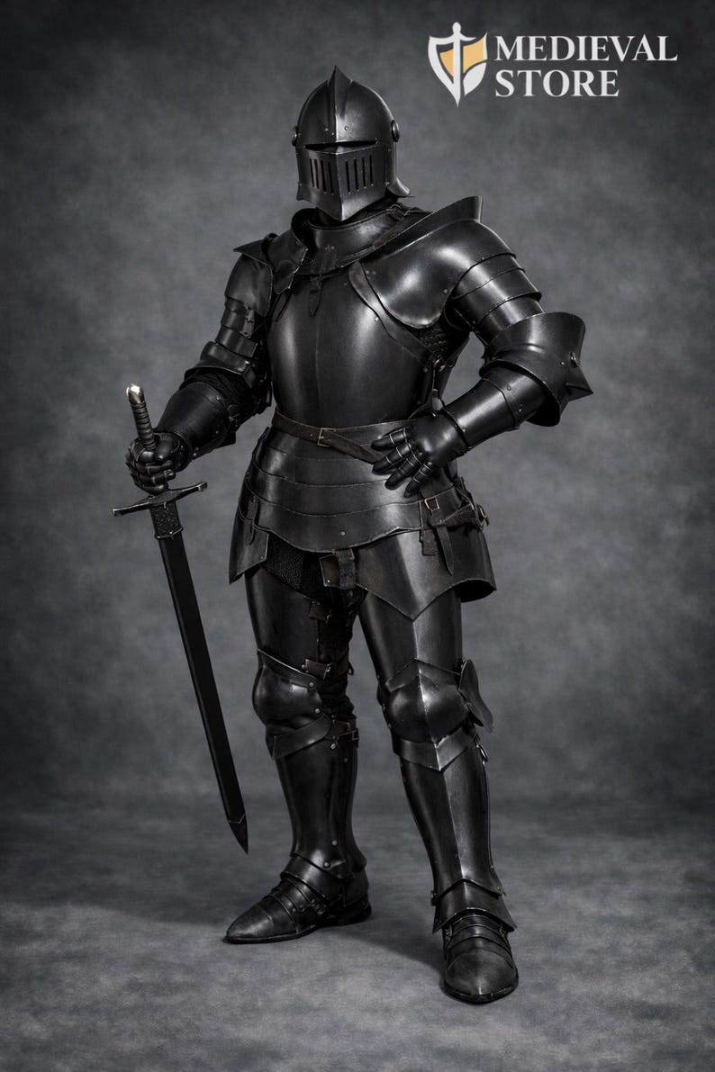 May include: Full suit of black medieval armor, including a helmet, chest plate, and leg guards. The armor is highly detailed and appears to be made of metal. A long sword is held in the right hand. The Medieval Store logo is in the top right corner.