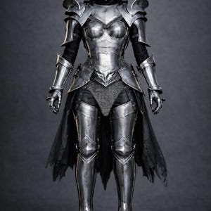May include: Full suit of silver-colored armor, including a helmet, shoulder guards, breastplate, arm and leg protection, and gloves. The armor has intricate detailing and is paired with a black undergarment and skirt. The overall aesthetic is medieval fantasy.