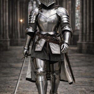 May include: A full suit of polished steel armor, including a helmet, chest plate, and leg guards. The armor is worn over chainmail. A sword is held in the right hand. The background is a stone corridor.