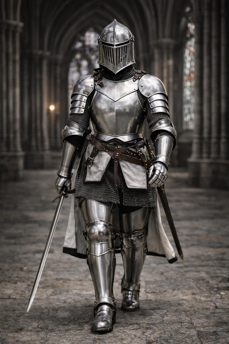 May include: A full suit of polished steel armor, including a helmet, chest plate, and leg guards. The armor is worn over chainmail. A sword is held in the right hand. The background is a stone corridor.