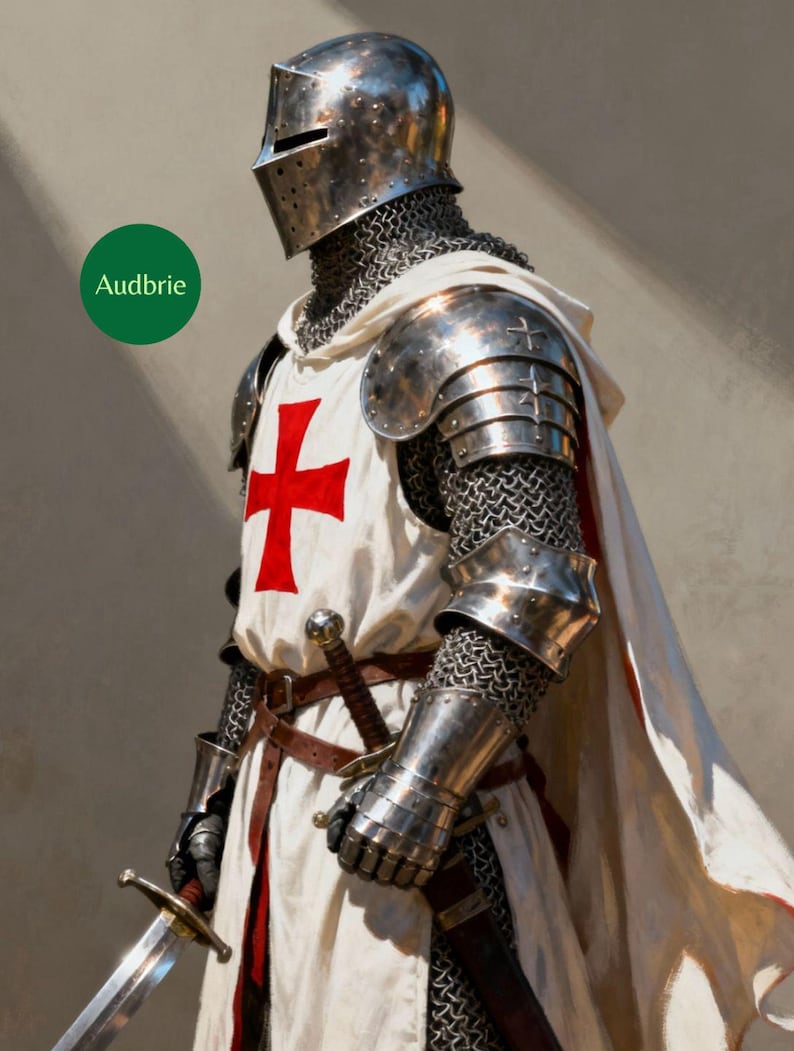 May include: A knight in shining armor, wearing a silver helmet, chainmail, and metal shoulder and arm guards. The knight's white tunic features a large red cross. A sword is held in the knight's right hand. The word "Audbrie" is in a green circle.