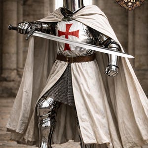 May include: A knight in full plate armor, holding a long sword. The armor is highly polished, reflecting the light. A white cape is draped over the shoulders. The chest plate features a red cross. The image is set against a stone background.