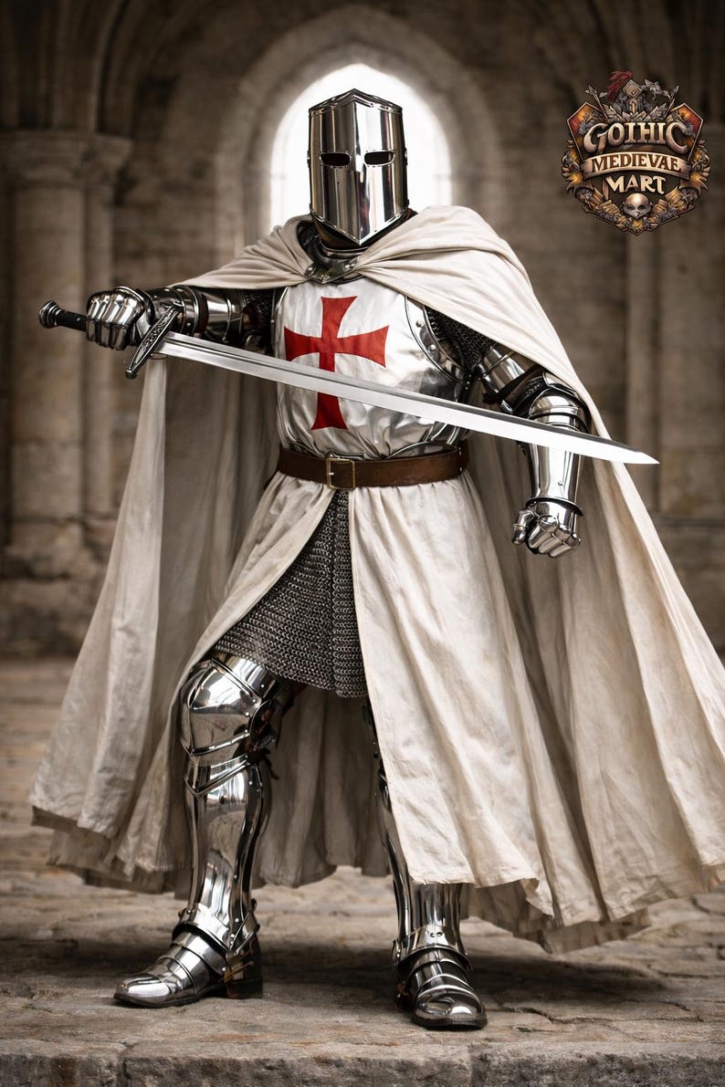 May include: A knight in full plate armor, holding a long sword. The armor is highly polished, reflecting the light. A white cape is draped over the shoulders. The chest plate features a red cross. The image is set against a stone background.