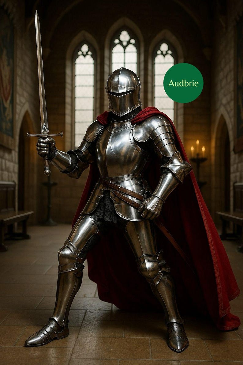 May include: A full suit of polished steel armor with a red cape. The knight is holding a long sword in a medieval setting. The image includes the text "Audbrie" in a green circle.