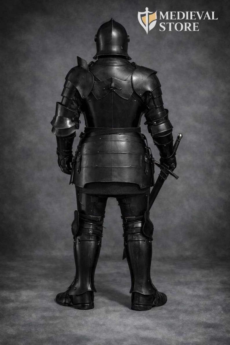 May include: A full suit of black medieval armor, including a helmet, shoulder guards, chest and back plates, and leg protection. A sword is held at the side. The Medieval Store logo is visible in the upper right corner.
