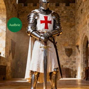 May include: A full suit of medieval knight armor, including a helmet, chainmail, and metal plating. The white tunic features a large red cross. A long sword is held upright. The word "Audbrie" is in a green circle.