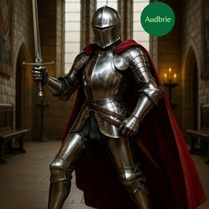 May include: A full suit of polished steel armor with a red cape. The knight is holding a long sword in a medieval setting. The image includes the text "Audbrie" in a green circle.