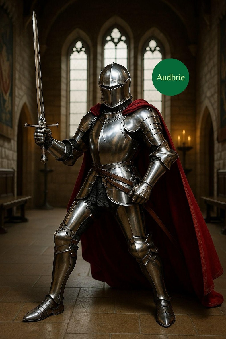 May include: A full suit of polished steel armor with a red cape. The knight is holding a long sword in a medieval setting. The image includes the text "Audbrie" in a green circle.