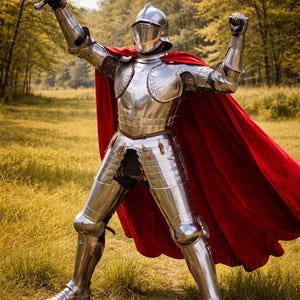 May include: A full suit of polished silver armor with a red cape. The knight is holding a sword aloft in their right hand. The background is a field of grass and trees.