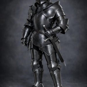 May include: Full suit of black medieval armor, including a helmet, chest plate, arm and leg protection, and a sword. The armor is highly detailed and reflective, with visible joints and rivets. The image includes the Medieval Store logo.