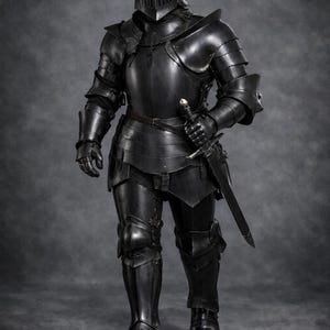 May include: Full shot of a black medieval knight's armor, including a helmet, chest plate, and leg protection. The armor is highly detailed and includes a sword. The Medieval Store logo is visible in the top right corner.