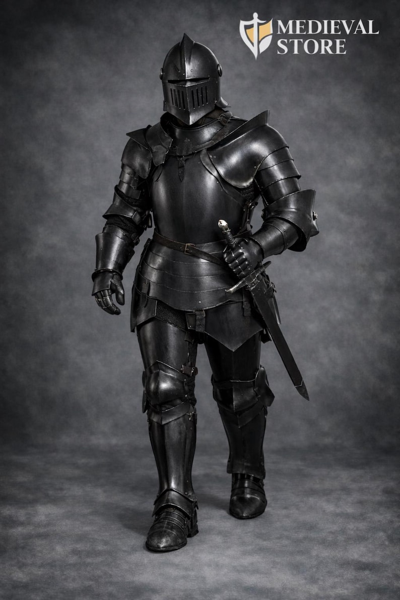 May include: Full shot of a black medieval knight's armor, including a helmet, chest plate, and leg protection. The armor is highly detailed and includes a sword. The Medieval Store logo is visible in the top right corner.