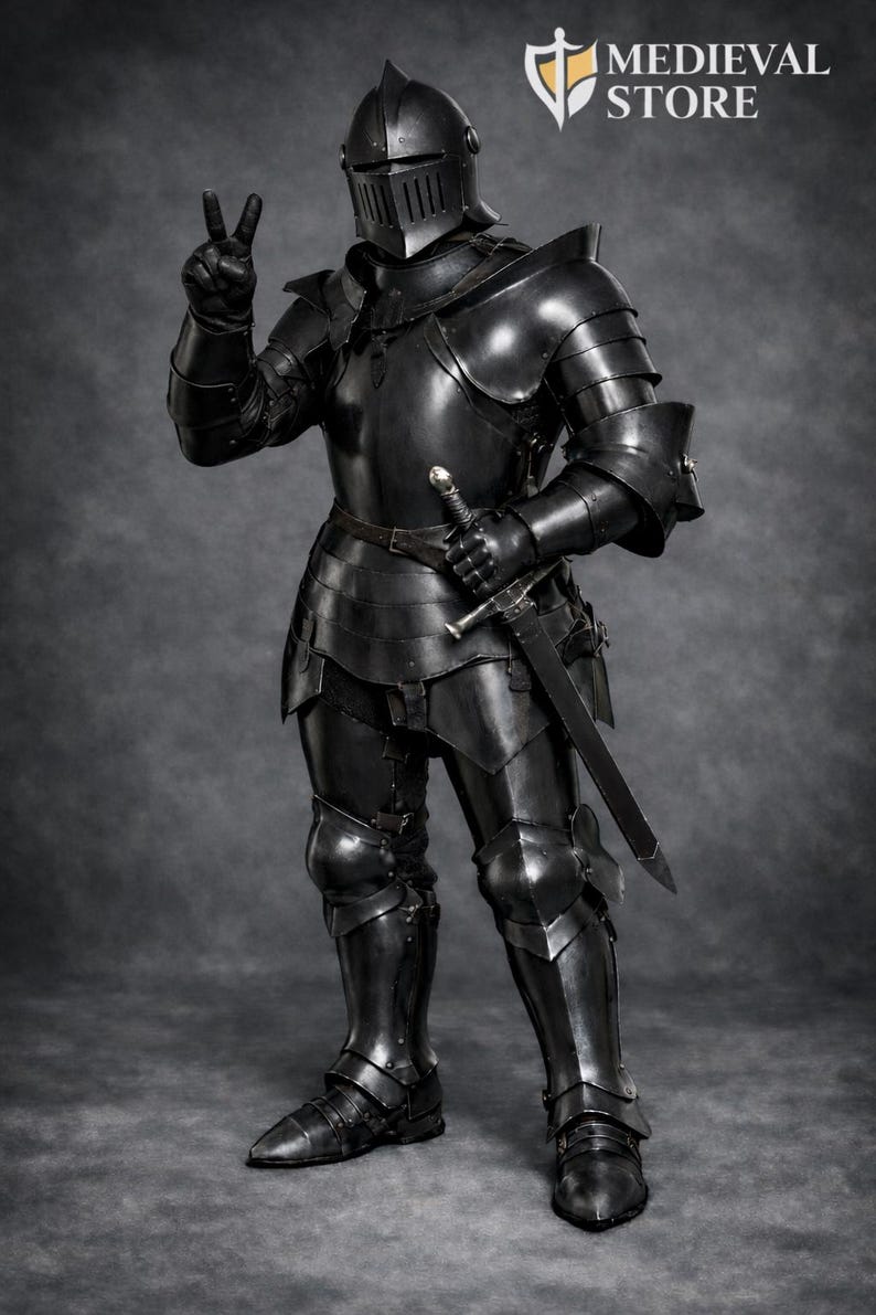 May include: Full suit of black medieval armor, including a helmet, chest plate, and leg guards. The knight is holding a sword and making a peace sign with their hand. The Medieval Store logo is visible in the top right corner.