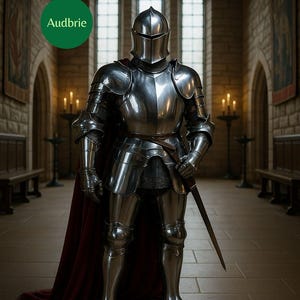 May include: A full suit of polished steel armor with a helmet, gloves, and boots. A red cape drapes over the shoulders. A sword is held at the side. The word "Audbrie" is in a green circle.
