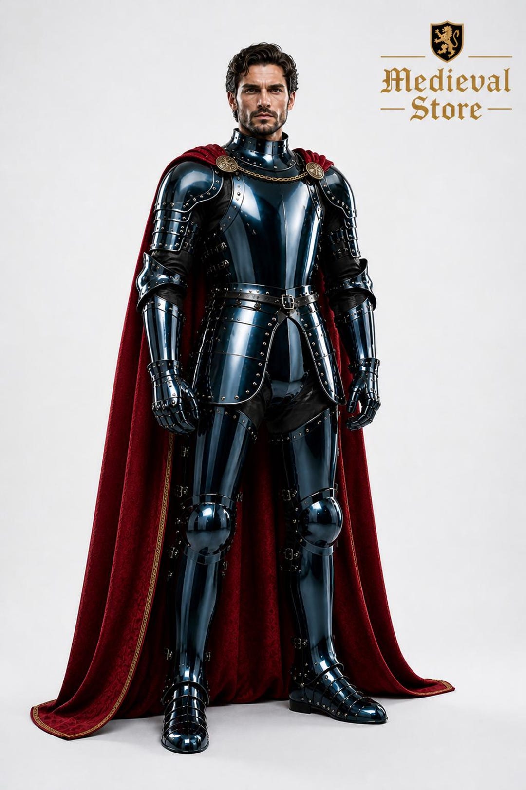 Medieval Black Knight Armor Suit With Red Cape | Full Gothic Plate ...