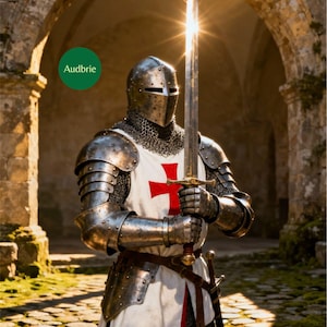 May include: A knight in full armor, holding a long sword with a bright light reflecting off the blade. The knight wears a helmet, chainmail, and metal plates over a white tunic with a red cross. The word "Audbrie" is in a green circle.