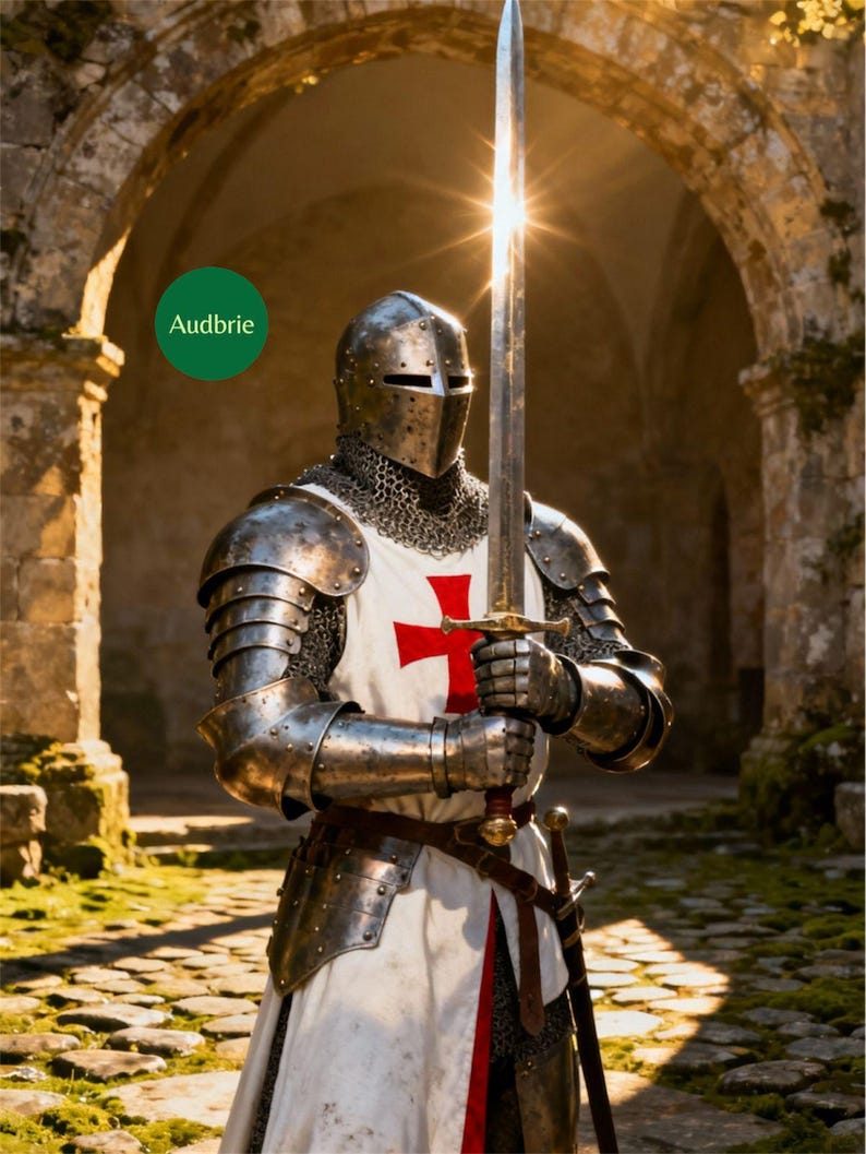 May include: A knight in full armor, holding a long sword with a bright light reflecting off the blade. The knight wears a helmet, chainmail, and metal plates over a white tunic with a red cross. The word "Audbrie" is in a green circle.