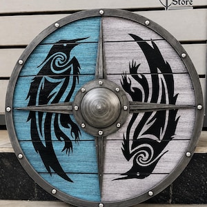 Viking Raven Round Shield | Norse Warrior Wooden Shield | Wooden Round Shield for Handmade Wooden Round Shield with Raven Artwork Shield