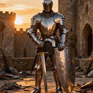 May include: A full suit of medieval armor stands in front of a stone castle at sunset. The silver armor includes a helmet, chest plate, shoulder guards, and leg protection. A sword and shield are held by the armored figure.
