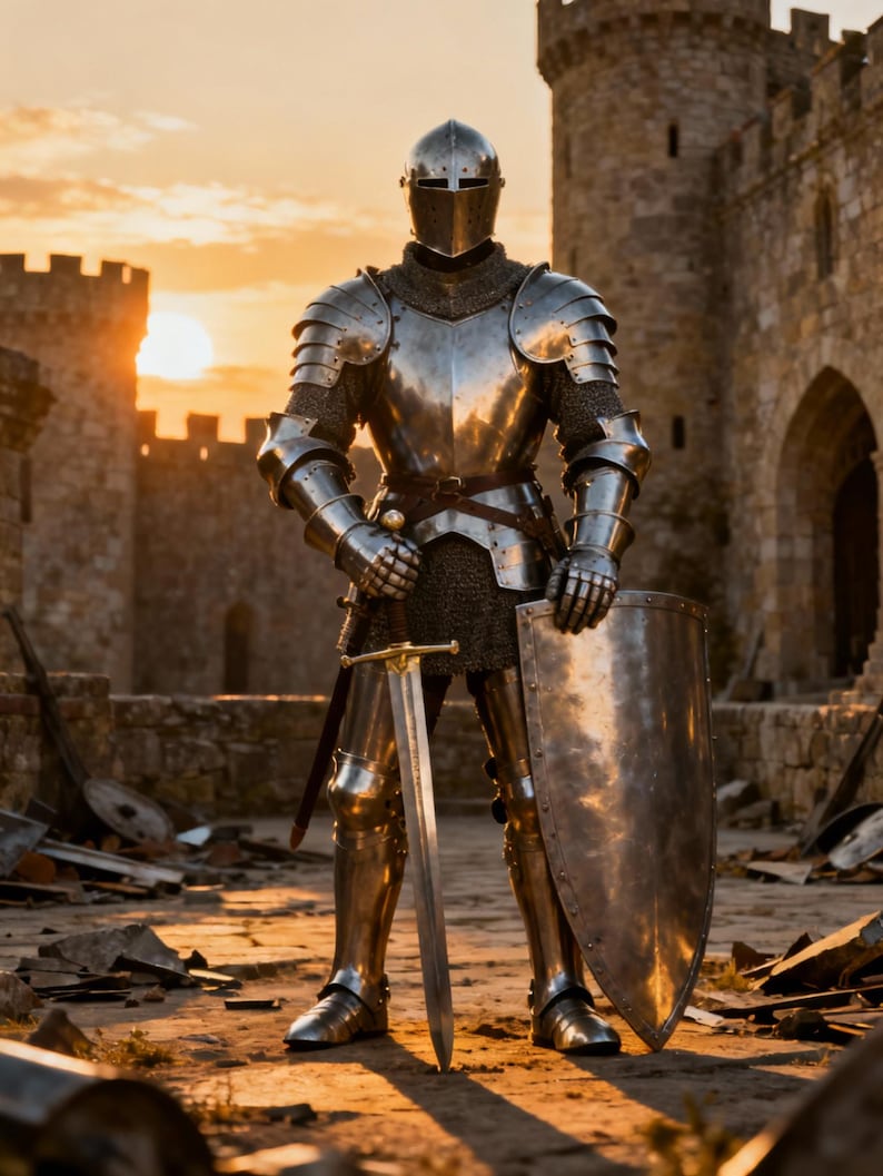 May include: A full suit of medieval armor stands in front of a stone castle at sunset. The silver armor includes a helmet, chest plate, shoulder guards, and leg protection. A sword and shield are held by the armored figure.