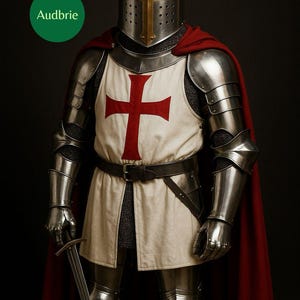 May include: A complete set of medieval armour, featuring a helmet with a gold cross, a white tunic with a red cross, and a red cape. The armour is highly detailed and includes a sword.