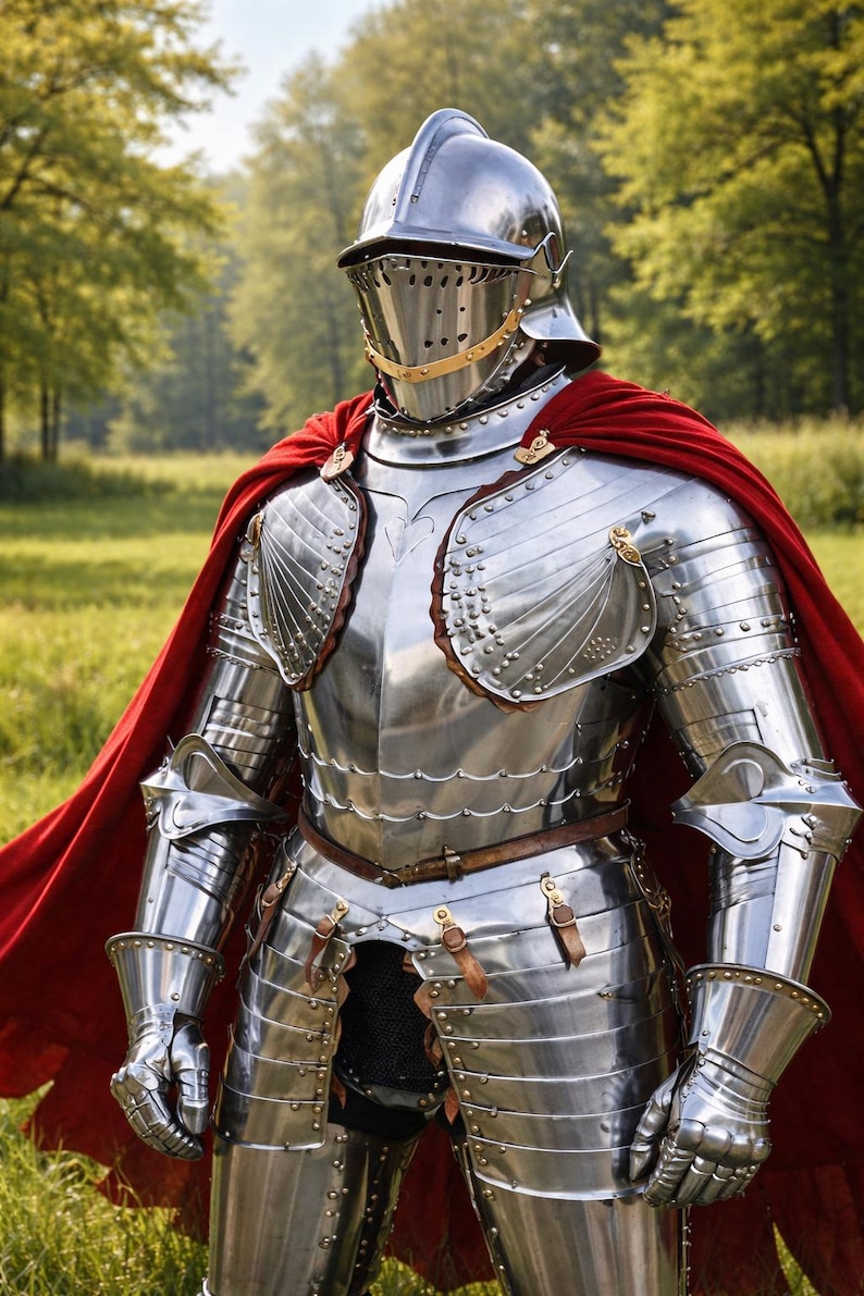 May include: A full suit of polished steel armor with a red cape. The armor includes a helmet with a visor, chest and shoulder plates, arm and leg protection, and gauntlets. The background is a grassy field with trees.