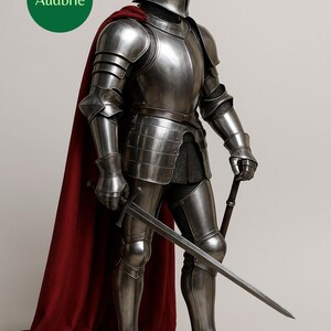 May include: A full suit of medieval armor in polished steel, complete with a helmet, shoulder guards, and leg protection. A red cape drapes over the shoulders. The knight holds a sword in one hand and a smaller weapon in the other.