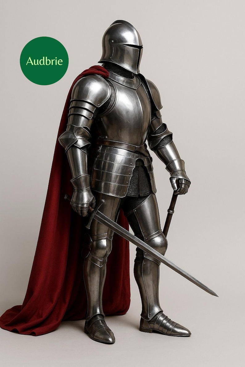 May include: A full suit of medieval armor in polished steel, complete with a helmet, shoulder guards, and leg protection. A red cape drapes over the shoulders. The knight holds a sword in one hand and a smaller weapon in the other.
