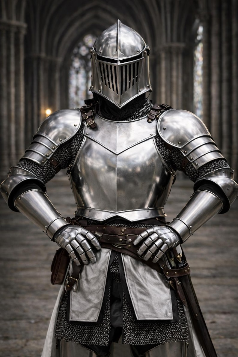 May include: A full suit of medieval armor, including a helmet with a visor, shoulder plates, and gauntlets. The silver-colored armor is detailed with chainmail and leather straps. The person is wearing a brown belt and a white undergarment.