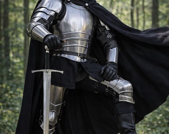 Op de afbeelding: Een volledig harnas van gepolijst staal, inclusief helm, borstplaat en beenbeschermers, wordt gedragen met een zwarte cape en handschoenen. Een lang zwaard wordt in de rechterhand gehouden. Het Medieval Store logo is zichtbaar.
